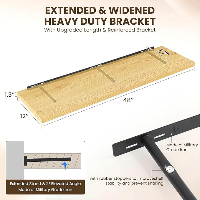 48" Floating Shelves for Wall, 12" Deep Slim Oak Floating Shelves, Wall-Mounted Shelves for Bedroom, Living Room, Kitchen, Bathroom - Set of 2