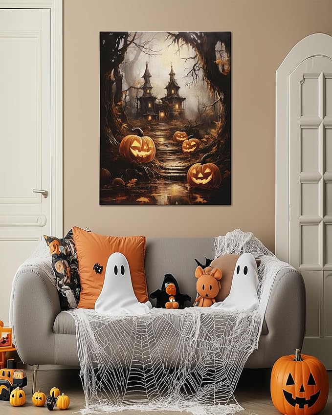 AbcCustomize Halloween Canvas Wall Art - Spooky Haunted House & Eerie Pumpkins Poster, Gothic Fall Decorations for Home, Vintage Halloween Decor Indoor for Living Room, Bedroom & Party