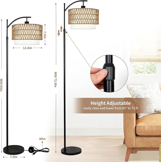 Arc Floor Lamp for Living Room Boho Floor Lamps with Remote Control & with 3 Color Temperatures,Rattan Wicker Standing Lamp Dimmable Tall Floor Lamp for Bedroom Living Room Corner