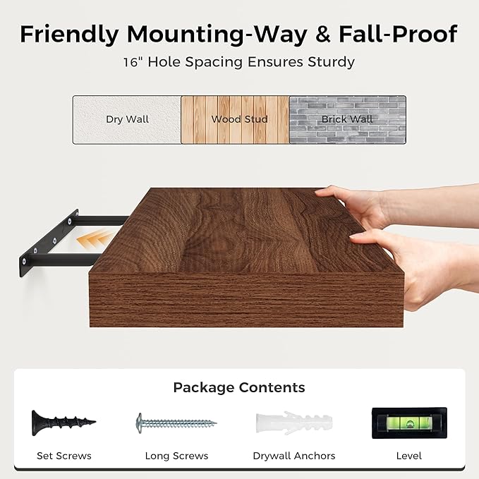 Floating Shelves 36 Inch Long, 12 Inch Deep Floating Shelves for Wall, 36 x 12 Shelves for Wall Storage & Display, 2" Thick Floating Shelf for Bathroom, Living Room, Bedroom, Walnut Color, Set of 1