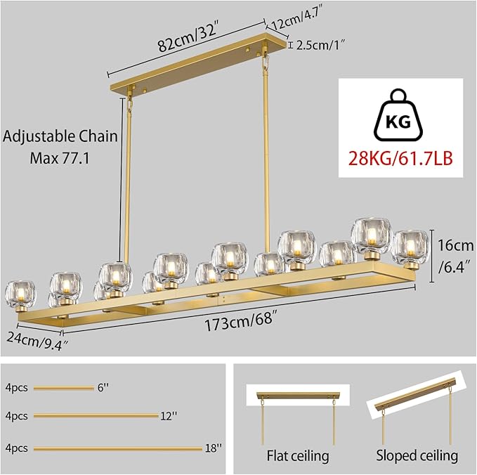 72 Inch Brass Rectangle Wagon Wheel Chandeliers, Gold Chandelier for Dining Room Over Table, Modern Crystal Long Chandelier for High Ceiling, Farmhouse Large Linear Chandeliers for Kitchen Island