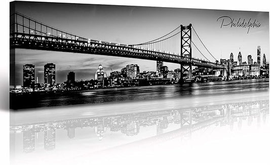 DJSYLIFE- Philadelphia Skyline Wall Art,Black and White Stretched Canvas Wall Art Prints for Bedroom or Office Decoration, Ready to Hang 13.8"x47.3"