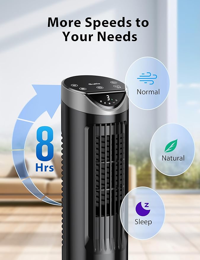 Grelife Tower Fan with Remote Control, Fast Cooling Desktop Fan, 90° Oscillation, 3 Speeds, 3 Wind Modes, Touch Screen, Auto Timer, Ideal for Home, Office Bedroom