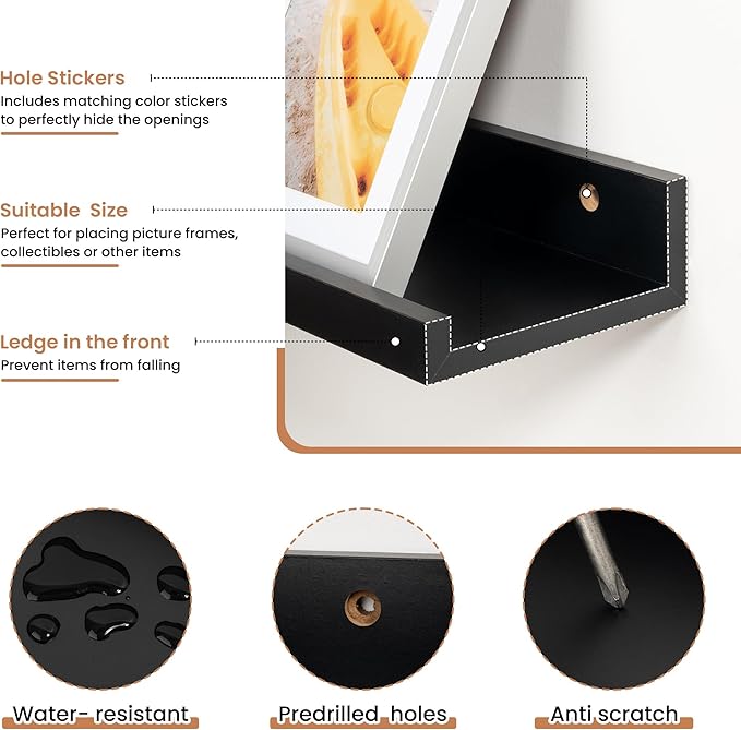 Fun Memories Picture Ledge Shelves Set of 2, 24 Inch Rustic Wall Mounted Floating Shelves with Lip for Home Storage and Décor in Bathroom, Kitchen, Nursery, Bedroom, Living Room, Black