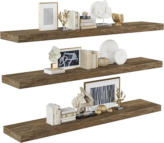 BAMEOS Floating Shelves, Wall Mounted Wooden Shelves with Invisible Brackets Set of 3, Hanging Wall Shelves Decoration for Bedroom, Bathroom, Living Room and Kitchen