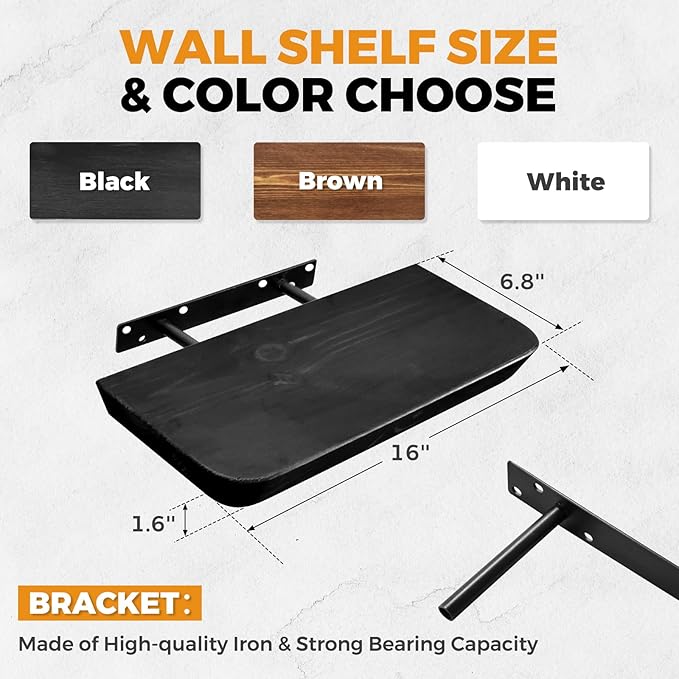 16"x6.8"x1.6" Slanted Floating Wall Shelves 2-Pack - Rustic Black Finish, Heavy-Duty Solid Wood Design with Hidden Brackets - Perfect for Living Room, Kitchen, Bathroom, or Office