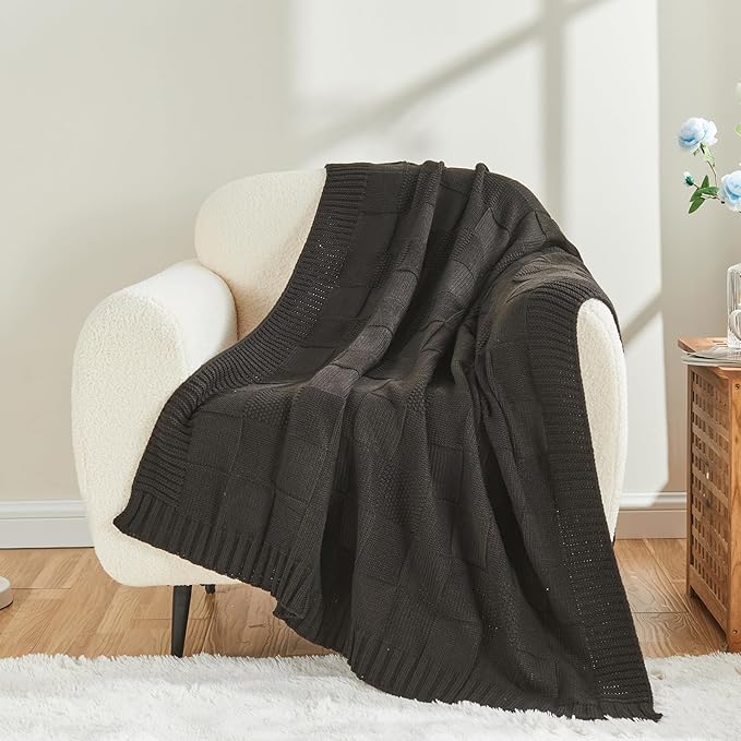 CozeCube Check Knit Throw Blanket, Jet Black Checkered Throw for Couch, Decorative Christmas Soft Cozy Warm Knitted Blanket for Bed Sofa Living Room, 50"X60"