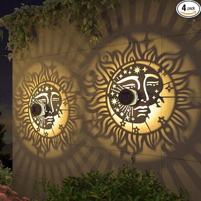 4 Pack Solar Fence Lights Metal Solar Powered Outdoor Wall Deck Step Lights Sun Moon Theme Waterproof Fence Light for Garden Post Patio Backyard Yard Decor, Gardening Gifts for Women Mom Grandma