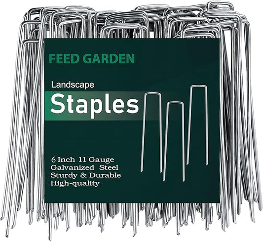 FEED GARDEN 6 Inch 300 Pack Galvanized Landscape Staples 11 Gauge Anti-Rust Garden Stakes Landscaping Fabric SOD Pins Yard Stakes for Weed Barrier Fabric