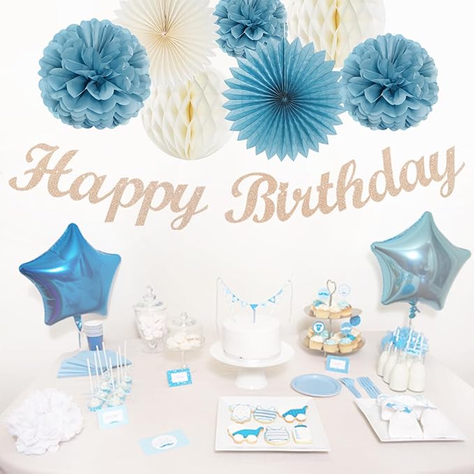 Dusty-Blue White Birthday Party-Decorations Paper-Flowers - 14pcs Happy Banner Boy Lanterns Tissue Pom Poms,Men Streamers Garland Fans Honeycomb,Baby Teen Male Kids Hanging Supplies Decor Hugfond