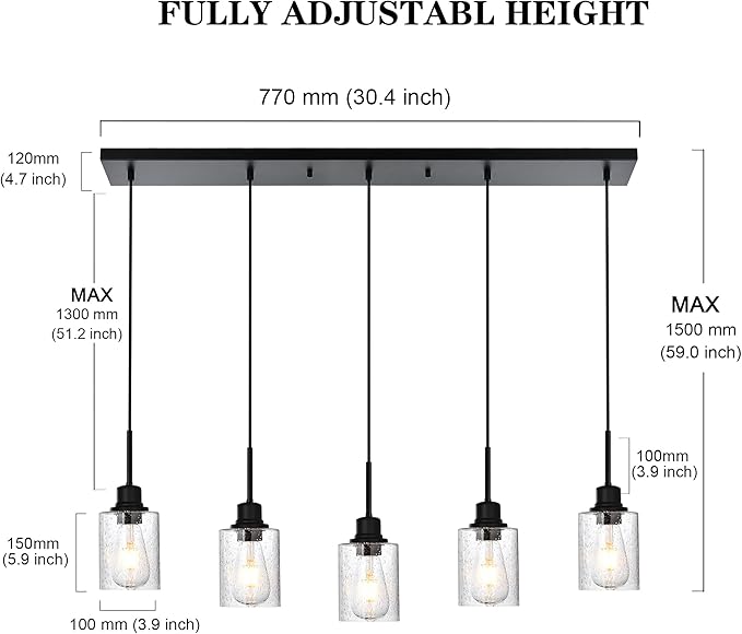 Black Chandelier 5 Light Dining Room Lighting Fixtures Hanging Linear Pendant Lights Industrial Modern Chandelier with Seeded Glass for Kitchen Island Living Room Bedroom Foyer Hall Entryway