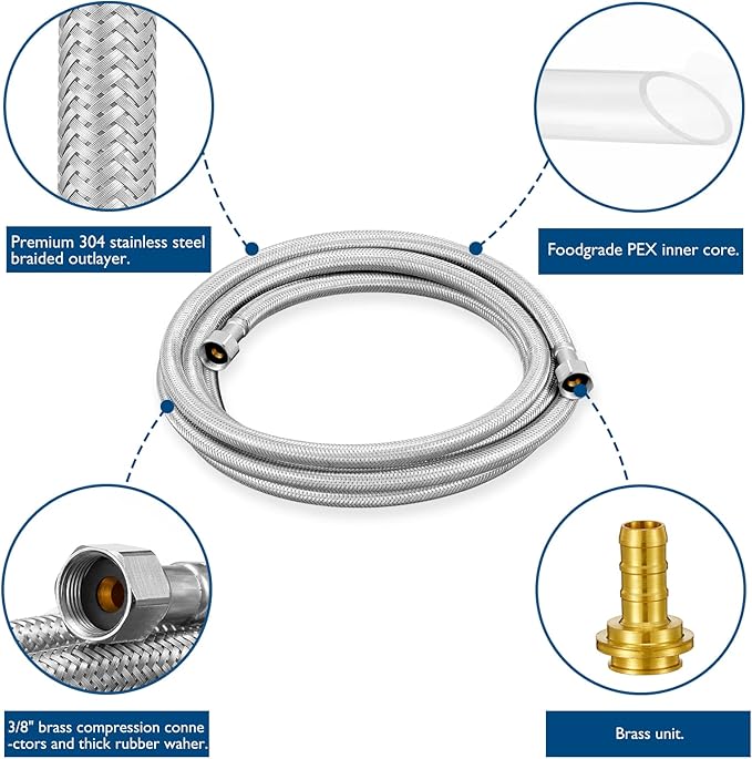 Dishwasher Installation Kit - 6 FT Stainless Steel Braided Dishwasher Hose kit,Food Grade PEX Inner Tube Water Line with 3/8"x 3/8"x 3/8" Tee Stop Valve,3/8"x 3/8"MIP Elbow,3/8"x 3/4"FHT Elbow