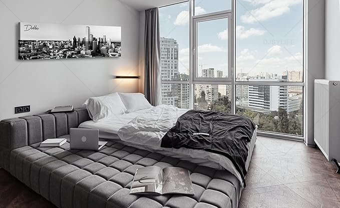 Black and White Wall Art Dallas Skyline Cityscape Skyscrapers Canvas Print Painting Landscape Texas City Buildings Pictures Modern Artwork for Man Room Office Living Room Decoration 13.8"x47.3"
