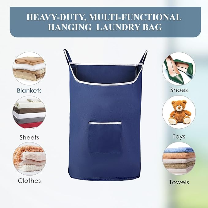 Fine Living Co. Large Hanging Laundry Hamper with Over Door Hooks & Adhesive, Durable Space Saving Laundry Bag with Zipper and Wide Open Top, Hanging Dorm Laundry Hamper (Navy Blue-XL)