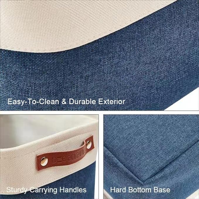 DECOMOMO Storage Bins Fabric Storage Baskets for Shelves, Linen Closet Organization Toys Nursery (Navy Blue and White, Large - 4 Pack)