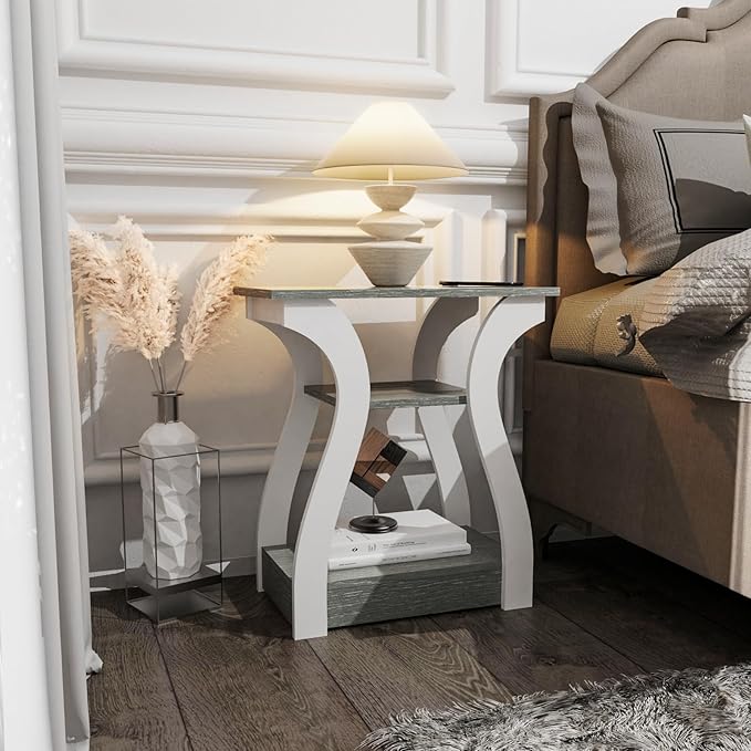 End Tables Living Room, Grey End Table with Charging Station, Grey Side Table, Nightstand for Bedroom, 3 Tier End Table with Storage Shelf for Living Room
