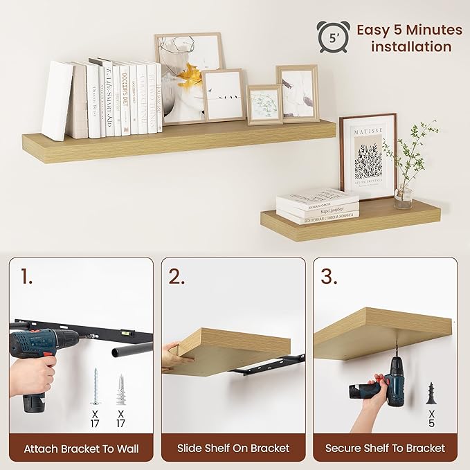 12 Inch Deep Floating Shelves 55 inch Long, 55 x 12 Wide Wall Shelves with Invisible Brackets, Heavy Duty Shelf for Bedroom Bathroom Living Room Kitchen Office Home Decor, Modern Shelf Set of 2, Oak