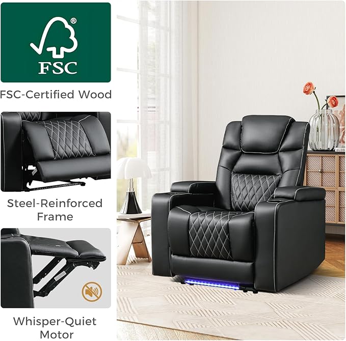 ANJ Power Recliner Chair with USB Port, Electric PU Leather Home Theater Seating for Living Room, Movie Reclining Chairs with Blue Ambient Lighting, Hidden Arm Storage, Cup Holders (Black)