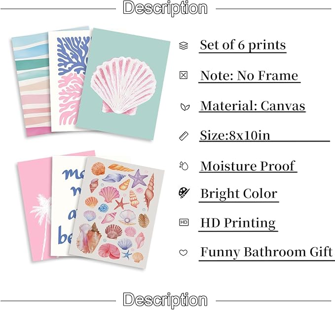 6 Pcs Coastal Beachy Wall Art Tropical Summer Shell Ocean Paintings Prints Posters Trendy Pink Preppy Palm Tree Canvas Wall Decor Aesthetic for Bedroom Living Room Dorm Apartment 8x10inch Unframed