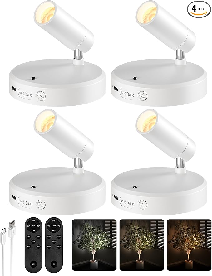 EZVALO Spot Lights Indoor,5500mAh Rechargeable Plants Spotlights with Remote,Wireless Mini Art Accent Spot Lights with Timer＆Dimmable, 3CCT, Uplights Indoor for Plants,Display,Artwork(4Pack-White)