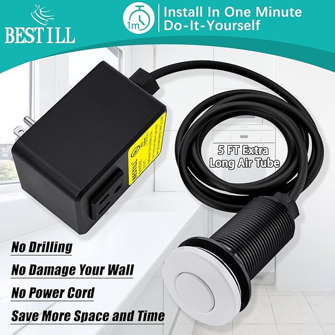 BESTILL Garbage Disposal Air Switch Kit - UL Listed, Cordless Sink Top Switch Button for Waste Disposer, 3.6" Long Push Button with Brass Cover, White, Compatible with all Garbage Disposals