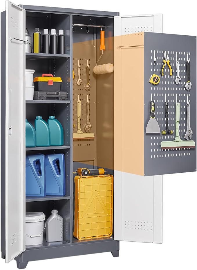 Garage Storage Cabinet,Broom Closet with Lock,Locking Cabinets with Hanging Rod & S-Hooks for School,Garage,Grey-White