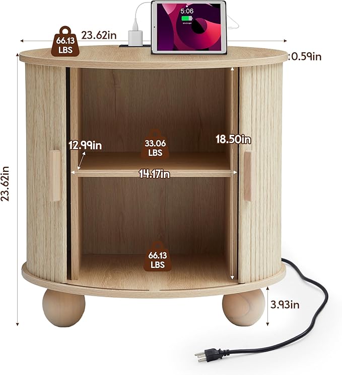 Farmhouse Round End Table with Charging Station, 24" Large Fluted Sofa Side Table with Sliding Tambour Door & Storage, Mid-Century Wood Nightstand for Living Room, Bedroom (Natural)