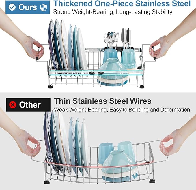 GSlife in Sink Dish Drying Rack - Stainless Steel Capacity Expandable Over The Sink Dish Drainer with Lock Knob and Utensil Holder for Kitchen Sink, 10.8"-17.9" L x 12.8" W, Silver