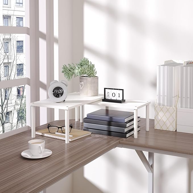 Cabinet Organizer Shelf(Set of 2),Kitchen Counter Shelves,Bamboo Spice Rack Countertop and Cabinet,Stackable Expandable,Large(White)