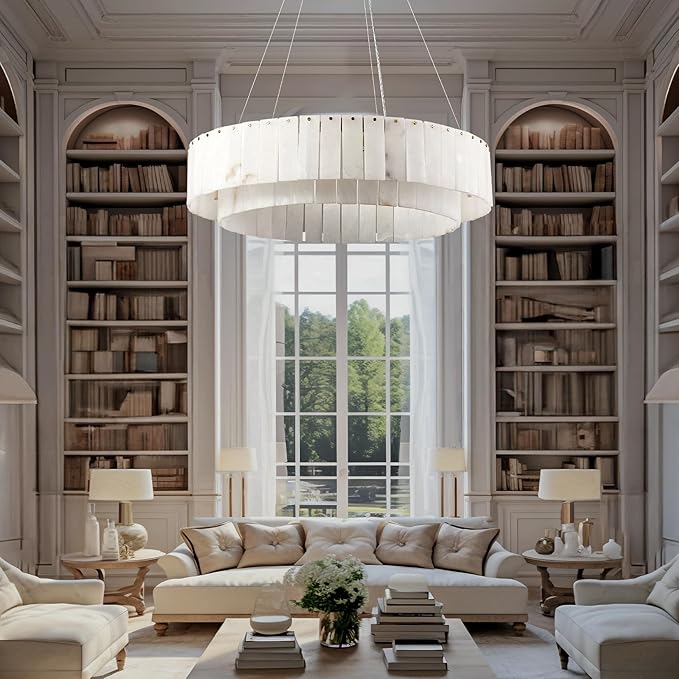 Alabaster Round Chandelier, D31in Modern Dining Room Chandeliers, Marble Pendant Lights Kitchen Island, Drum Chandelier for Dining Room Light Fixture, Living Room, Bedroom Lights, Foyer, Kitchen