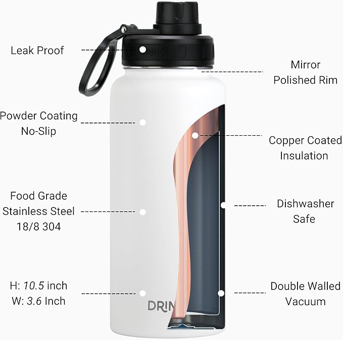 DRINCO Stainless Steel Water Bottle Spout Lid Vacuum Insulated Double Wall Water Bottle Wide Mouth (40oz 32oz 22oz 18oz 14oz) Leak Proof Keeps Cold or Hot (32 oz, 32oz Artic White)