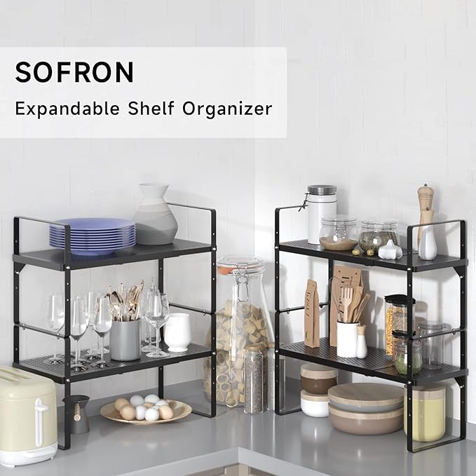 Expandable Cabinet Organizer Shelf, Stackable Shelf Riser for Small Kitchen Pantry Desk Cupboard Tabletop Countertop Home Office, Heavy Duty, Black Small 1 Pack