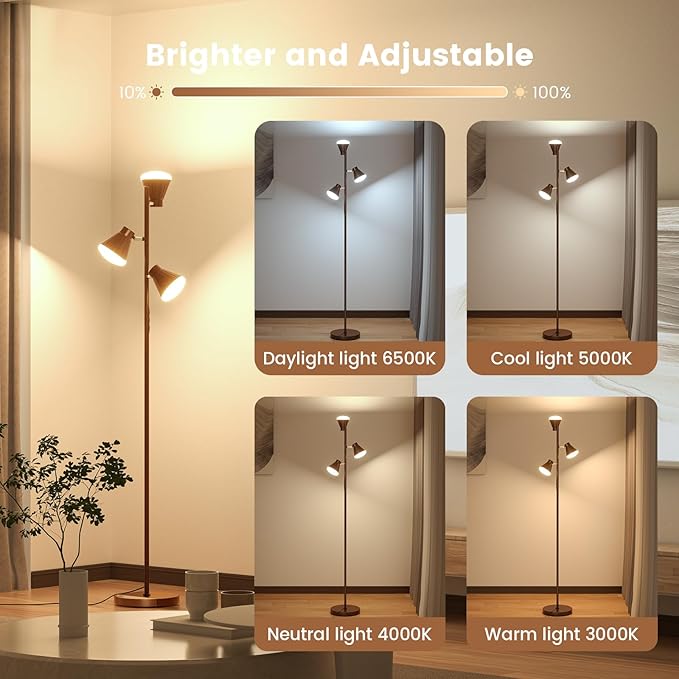 36W LED Tree Floor Lamp, Dimmable Tall Standing Lamp with Remote & Touch Control, 4 Color Temperatures Bright Floor Lamp, 3 Rotatable Light Modern Floor Lamps (Brown)