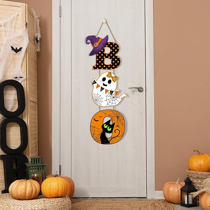 Britimes BOO Halloween Door Sign for Front Door, Halloween Cute Ghost Black Ghost Wall Decorations Wooden Hanging Signs for Home Wall Porch Outdoor Party Decor