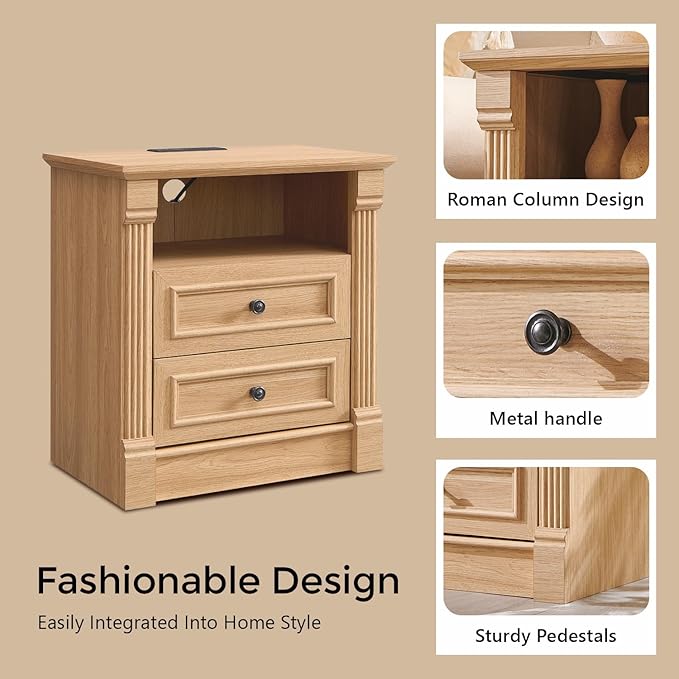 26" Tall Farmhouse Nightstand Set of 2, 2 Drawers End Table w/Charging Station, 23.6" Wide Large Side Tables w/Roman Column, Wood Rustic Sofa Tables w/Open Shelf, Bedside Table for Bedroom, Natrual