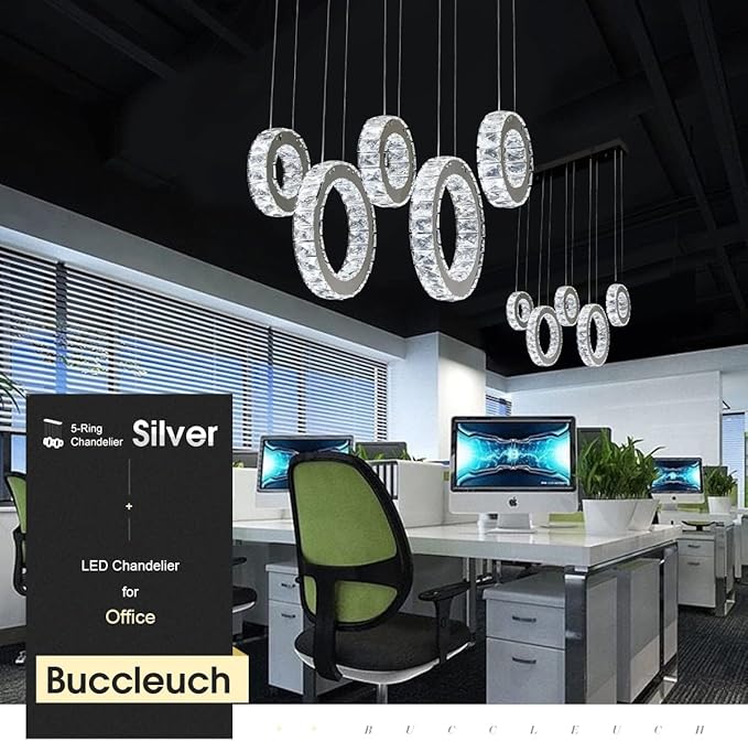 Buccleuch Modern Crystal Chandelier, Dimmable LED Ceiling Light Fixture 5-Ring Adjustable Stainless Steel Pendant Light, Silver Crystal Chandeliers for Dining Room, Bedroom, Living Room - Cool White