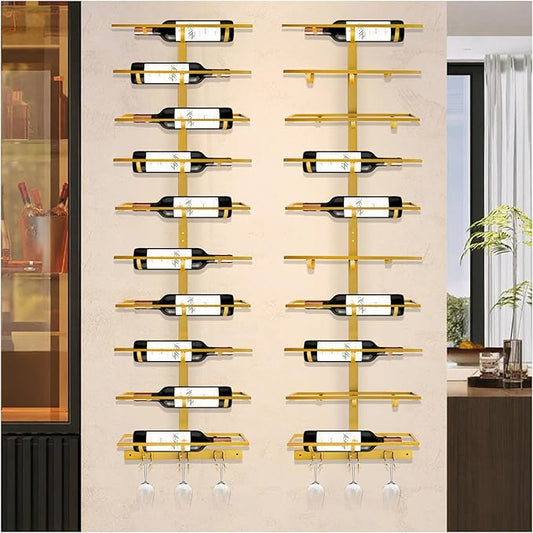 20 Bottle Wall Mount Wine Rack with Wine Glass Holder, Metal Wine Wall Rack, Wall Racks for Wine Bottles Display and Storage, Hanging Bottle Organizer for Living Dining Room Wine Cellar Bar (Gold)