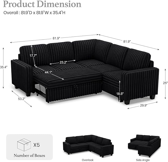 Belffin Plush Corduroy Modular Sectional Sofa with Pull Out Bed Convertible Small Sectional Corner Couch for Living Room Black Couch