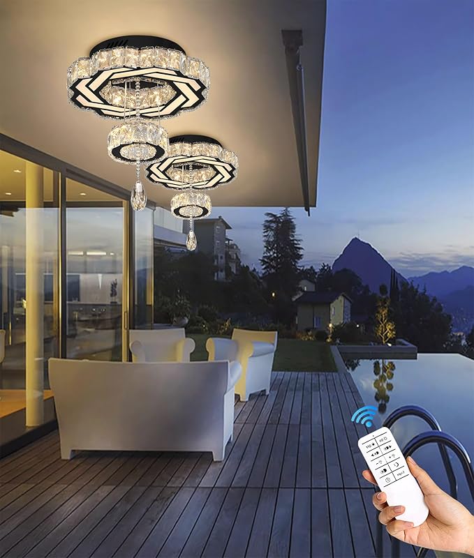 Flashing God Small Crystal Chandeliers Dia 12" Black Chandelier Flush Mount Ceiling Light for Bedroom Living Room Dining Room Hallway Dimmable 3 Rings LED Celing Lighting Fixtures