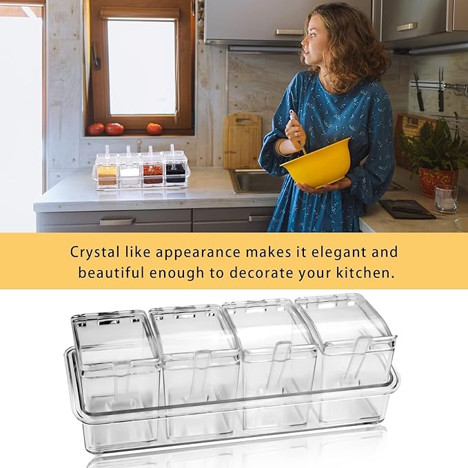 4-Cell Clear Seasoning Rack Spice Box, Storage Container Condiment Jars Acrylic Seasoning Box with Cover and Spoon (Basic Clear)
