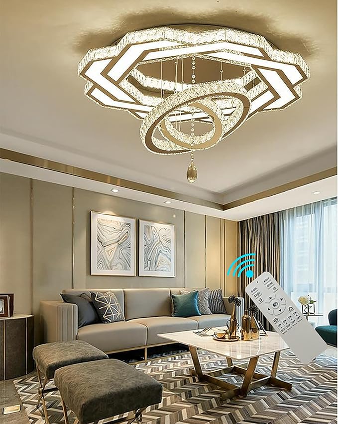 Flashing God Crystal Chandeliers Dia 32" Silver Elegant Chandelier Flush Mount Ceiling Light for Bedroom Living Room Dining Room Hallway Dimmable 3 Rings LED Celing Lighting Fixtures