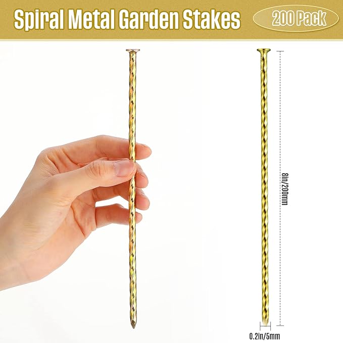 200 Pcs Metal Nails 8 Inch Artificial Spikes Galvanized Spiral Landscape Stakes Edging Spikes Garden Stakes for Fake Landscaping Grass Ground Lawn(Gold)