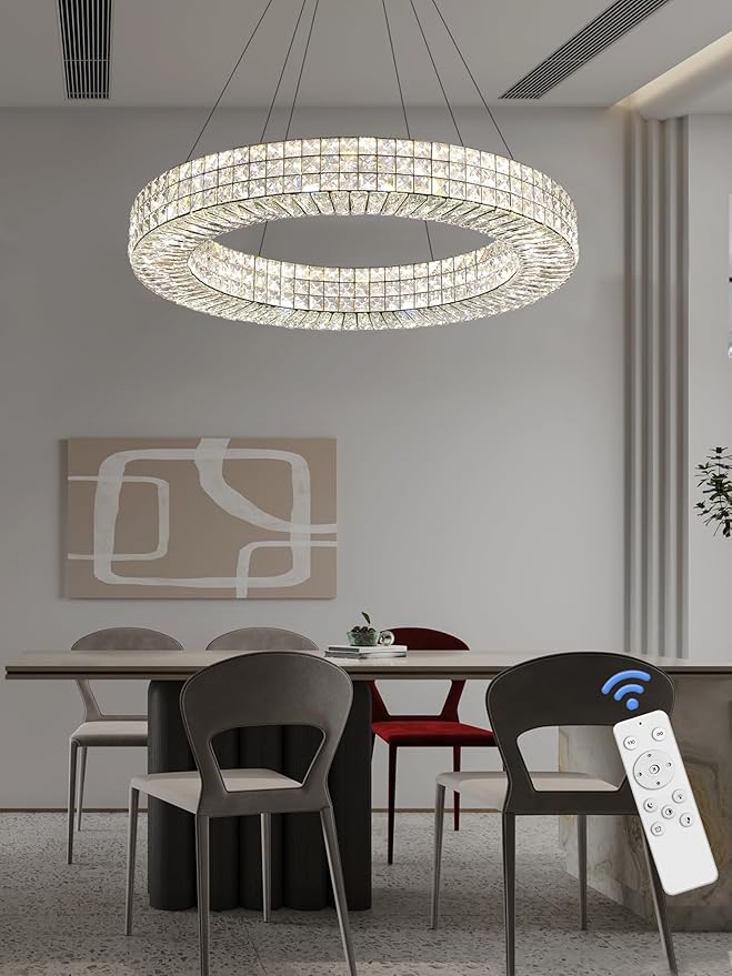 Dia 32" Ring Crystal Chandelier Modern Black Ring Chandelier Adjustable Height Luxury Crystal Pendant Ceiling Light Fixture for Dining Living Room Bedroom