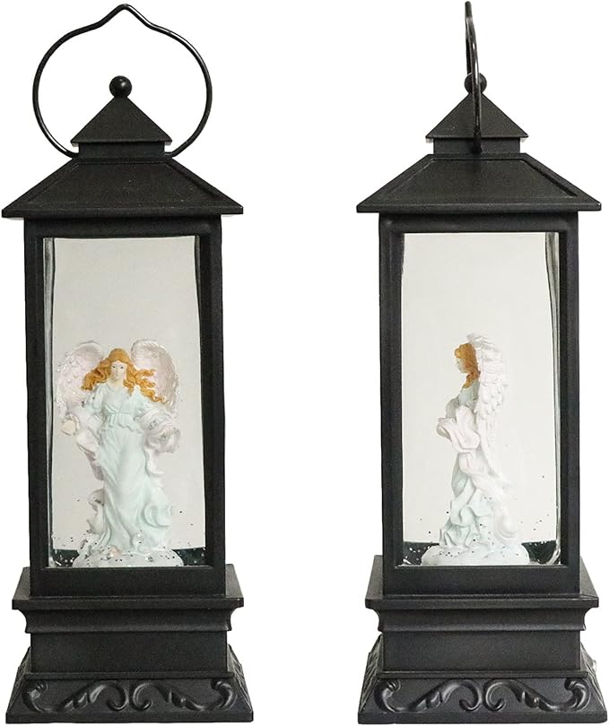 Eldnacele Musical Singing and Lighted Plug-in & Battery Operated Lighted Christmas Water Glittering Snowing Globe Christians Church Lantern for Home Decoration Angel
