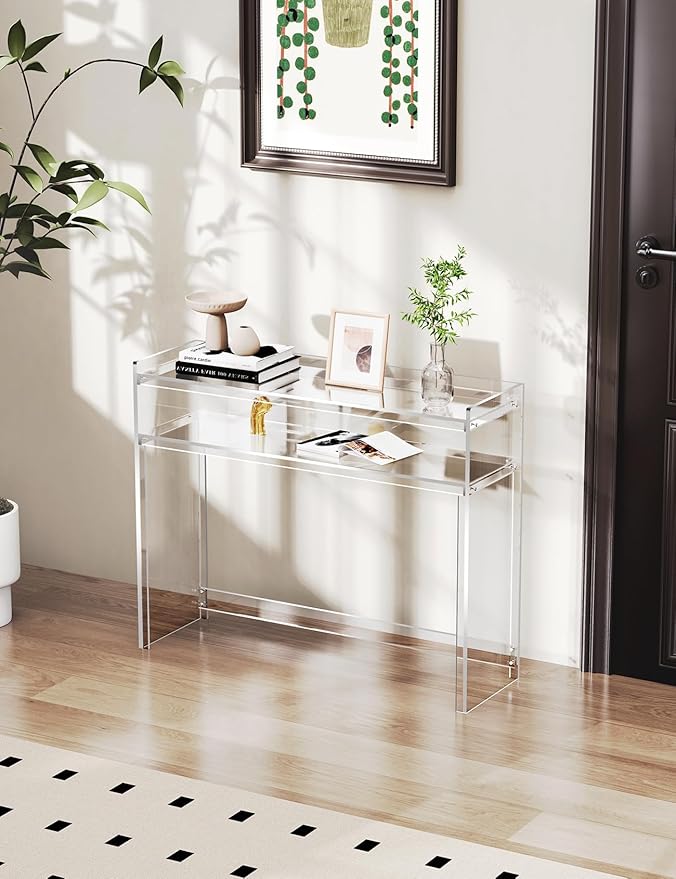 Acrylic Console Table, Entryway Table with Storage Shelves (1, 39.4 * 31.5 * 11.7) (Clear)