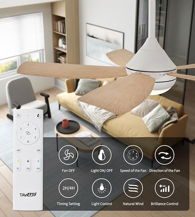 42" Ceiling Fan with Lights, 5 Blades, 6 Speeds DC Reversible, Dimmable, Low Profile Ceiling Fan with Light and Remote Control for Bedroom or Living Room