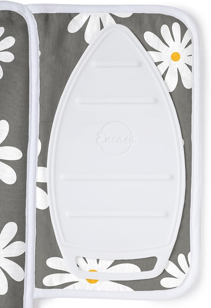 Encasa Homes Ironing Mat/Pad (Small 28"x20") with 3mm Padding & Silicone Iron Rest for Steam Pressing on Tabletop or Bed - Heat Resistant, Portable, Quilting & Travel Blanket - Daisy Grey