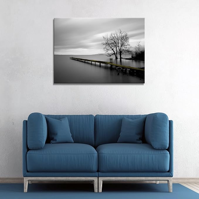 DZL Art S74981 Canvas Prints Modern Minimalist Black and White Lake Trees Landscape Wall Art Painting for Living Room Bedroom Decor Office Wall Decor Home Decoration
