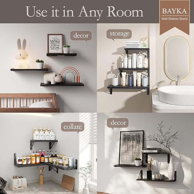 BAYKA Wall Shelves for Bedroom Decor, Floating Wall Shelves for Living Room Kitchen Storage, Wall Mounted Rustic Wood Floating Shelves for Kids Books, Corner Shelves for Bathroom, Office(Set of 3)