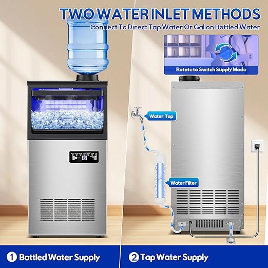 Commercial Ice Maker Machine, 110Lbs/24H, 30Lbs Storage, 36Pcs Clear Ice Cubes in 10-15Mins, Stainless Steel Under Counter or Freestanding Ice Machine - 2 Water Inlet Modes, for Home Party Office